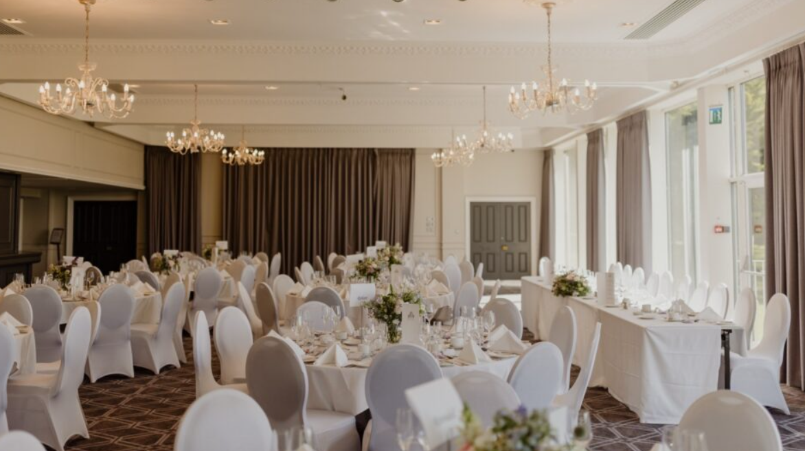 Ardoe House ballroom with elegant chandeliers for a wedding or gala event.