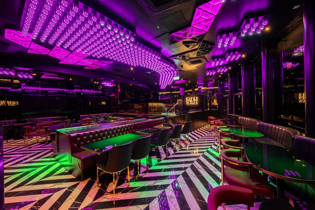 Modern lounge venue with LED lighting for corporate events and evening receptions.