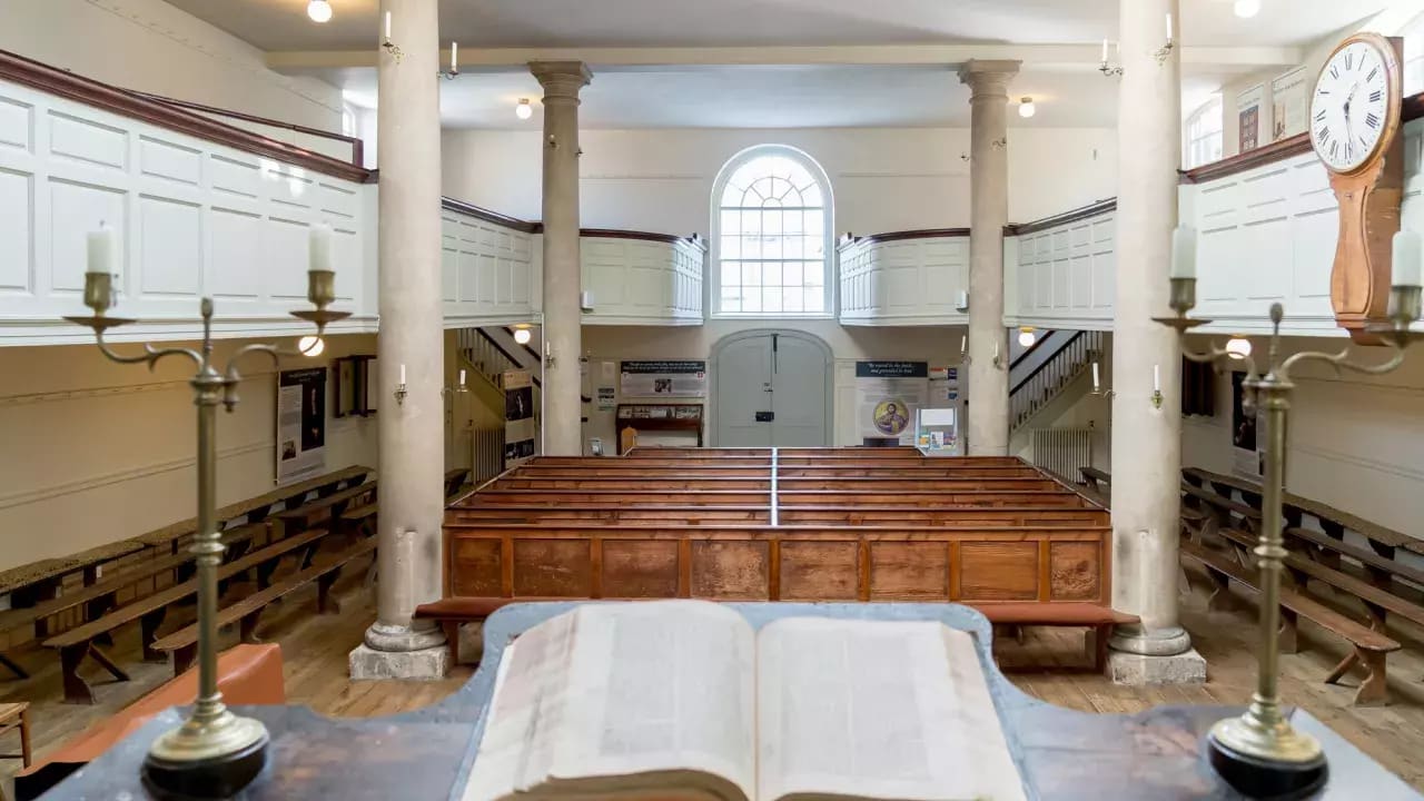 18th-century chapel interior at John Wesley's New Room, historic wedding and event venue.