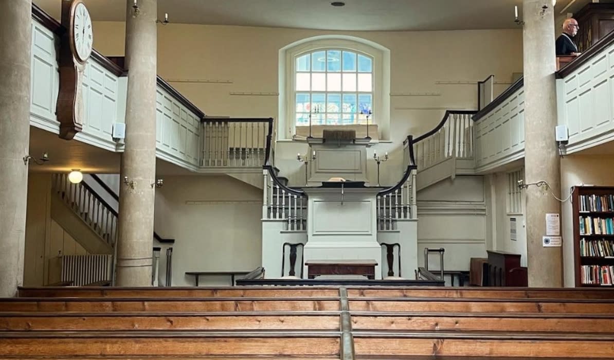 Historic 18th-century chapel interior, John Wesley's New Room for heritage tours and events.