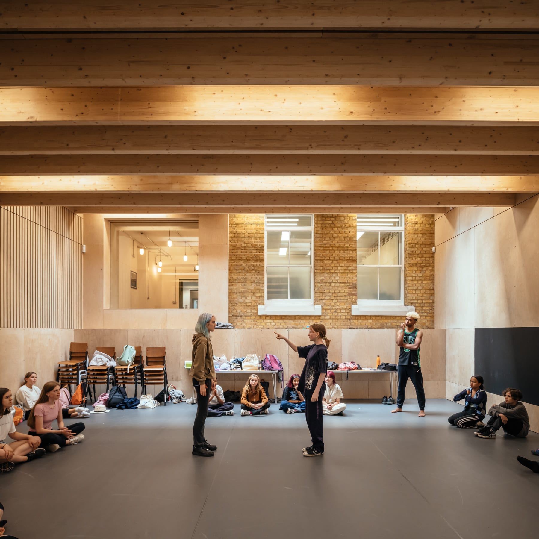 London Youth Theatre studio featuring modern stage lighting, ideal for drama workshops and rehearsals.