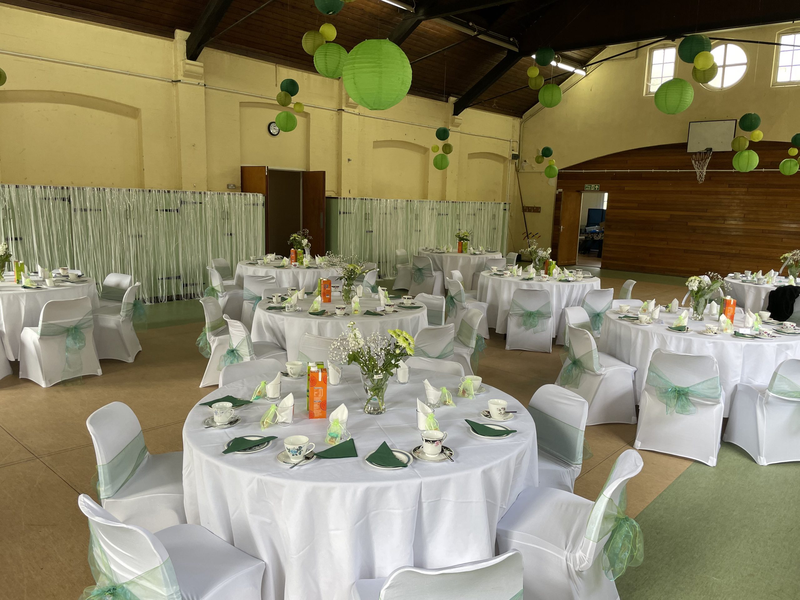 Main Hall at Crofton Halls with elegant lanterns and linens for social event venue hire.