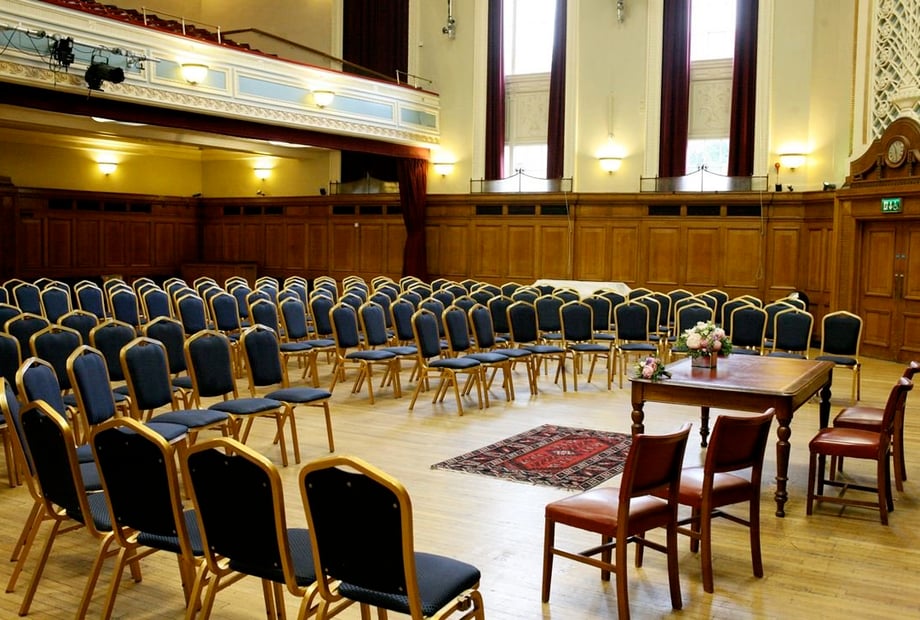 Main Hall ceremony setup with open floor plan for weddings and corporate events.