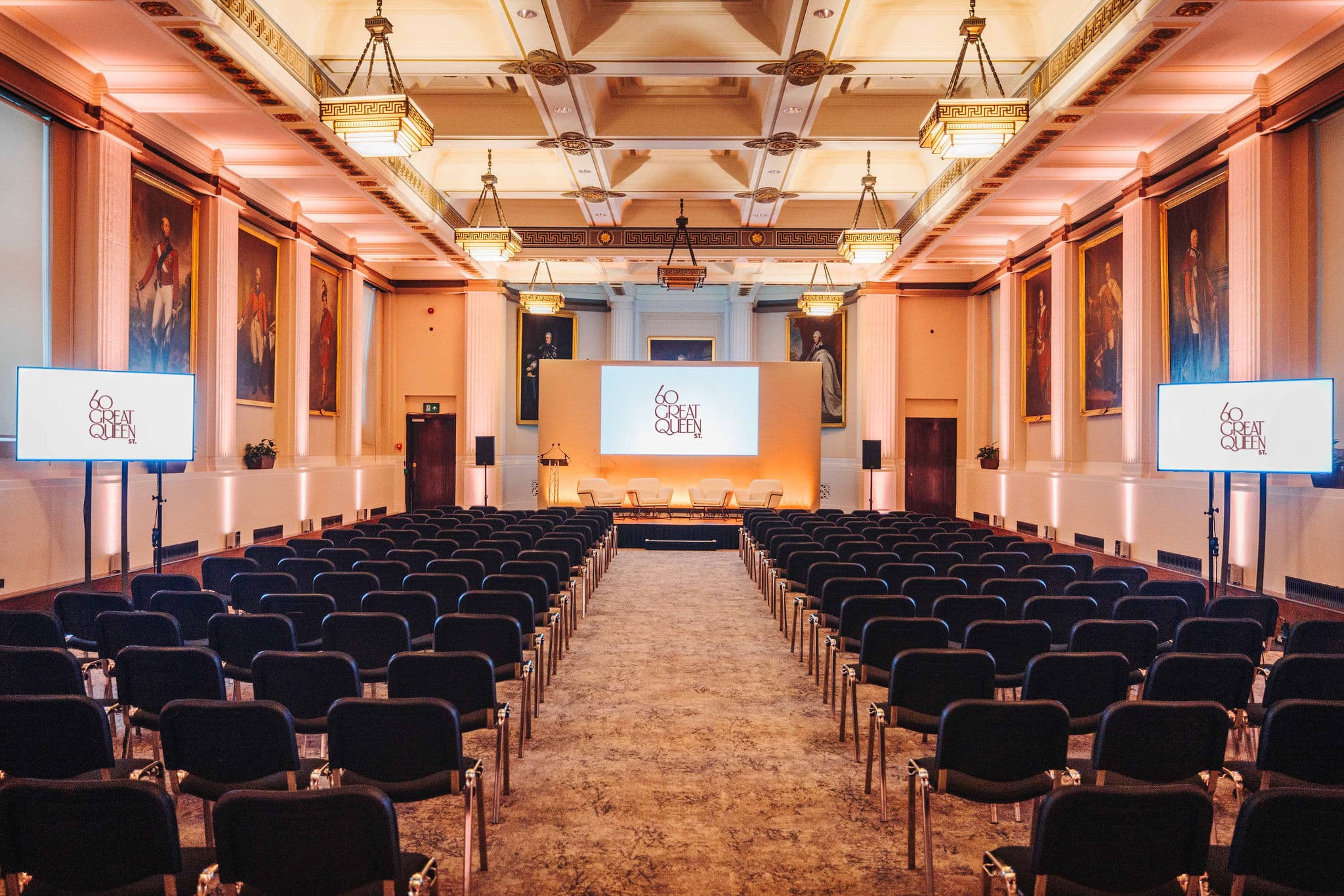 The Gallery at 60 Great Queen Street: theater-style plenary stage for corporate events and seminars.