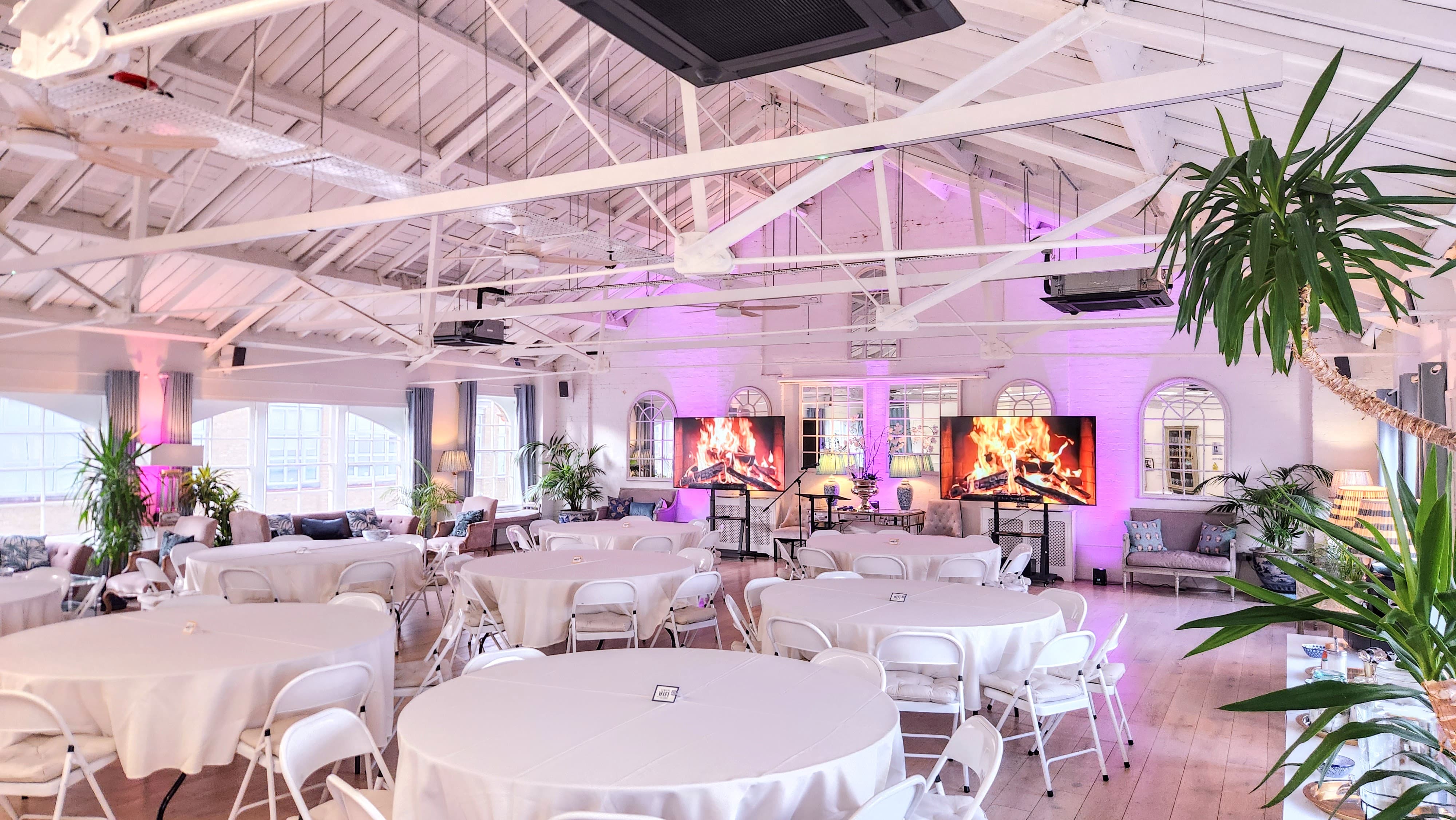Underwood Lofts event space with ambient lighting for corporate and social gatherings.