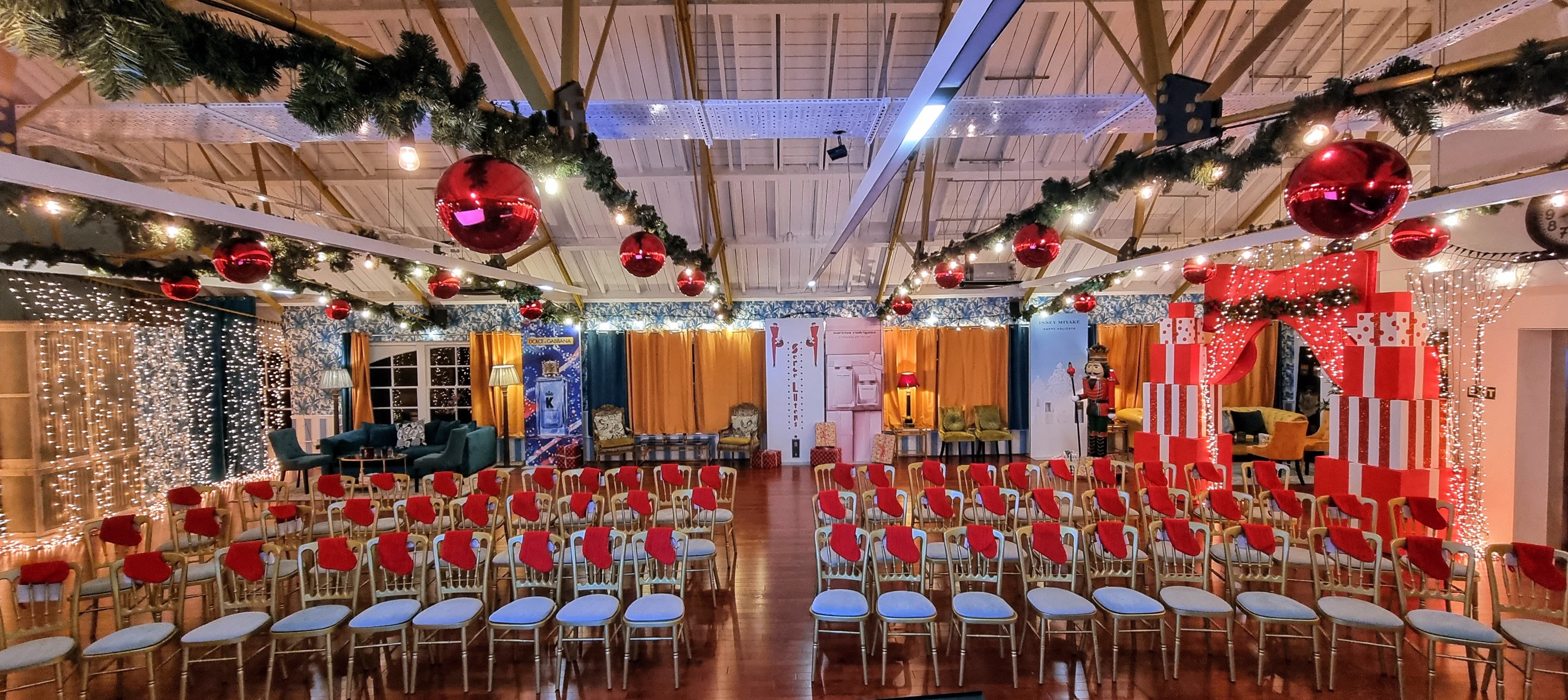Underwood Lofts holiday event space with themed seating for corporate seasonal parties.