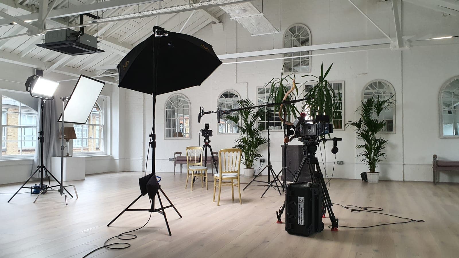Underwood Lofts studio with professional gear for virtual events and panel broadcasts.