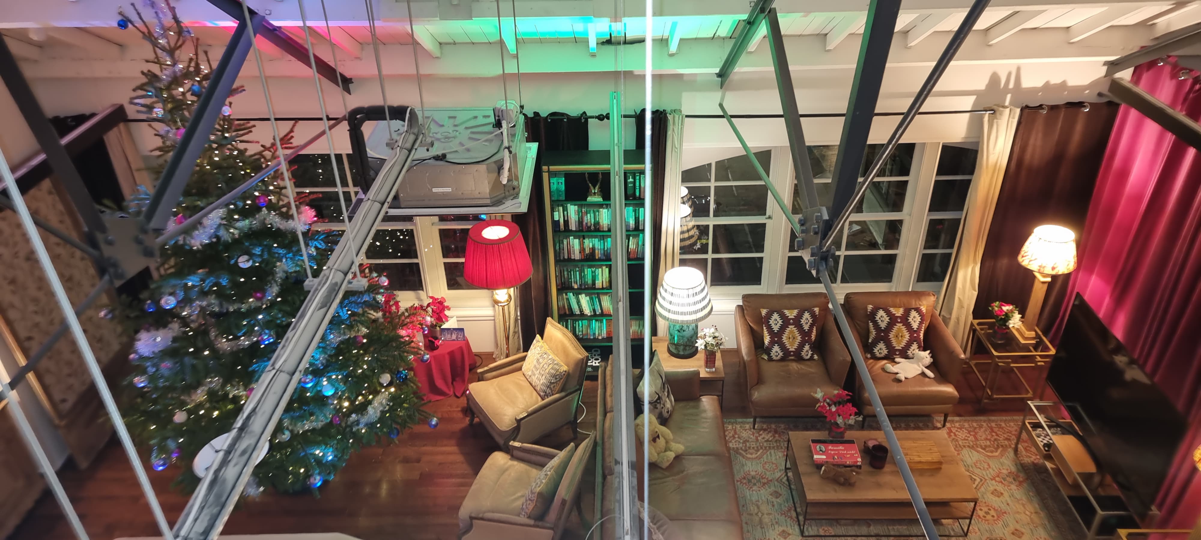 Industrial-chic lounge at Underwood Lofts with holiday decor for corporate and social events.