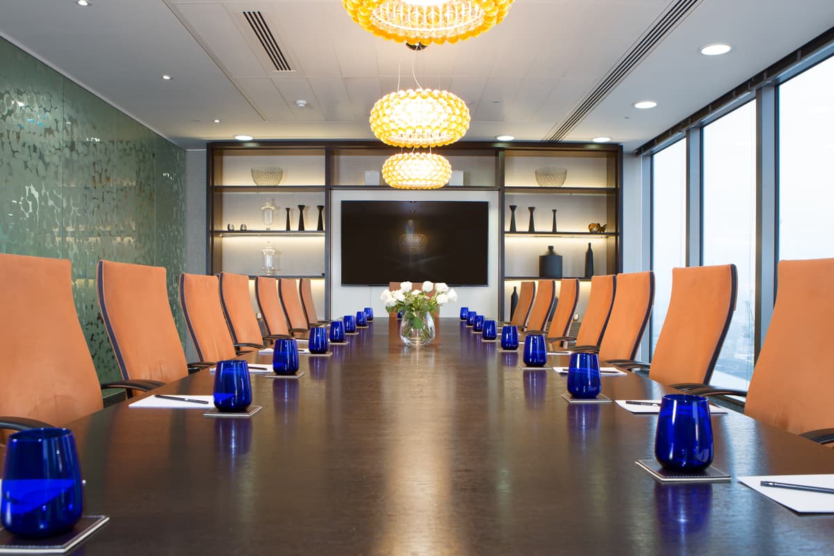 Linder Boardroom at The View: Executive meeting space with long-table setup for business events.