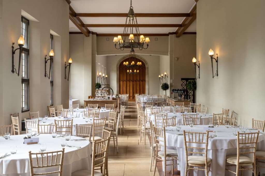 Repton Hall, Ashridge House: elegant venue with ornate chandeliers for weddings and corporate events.