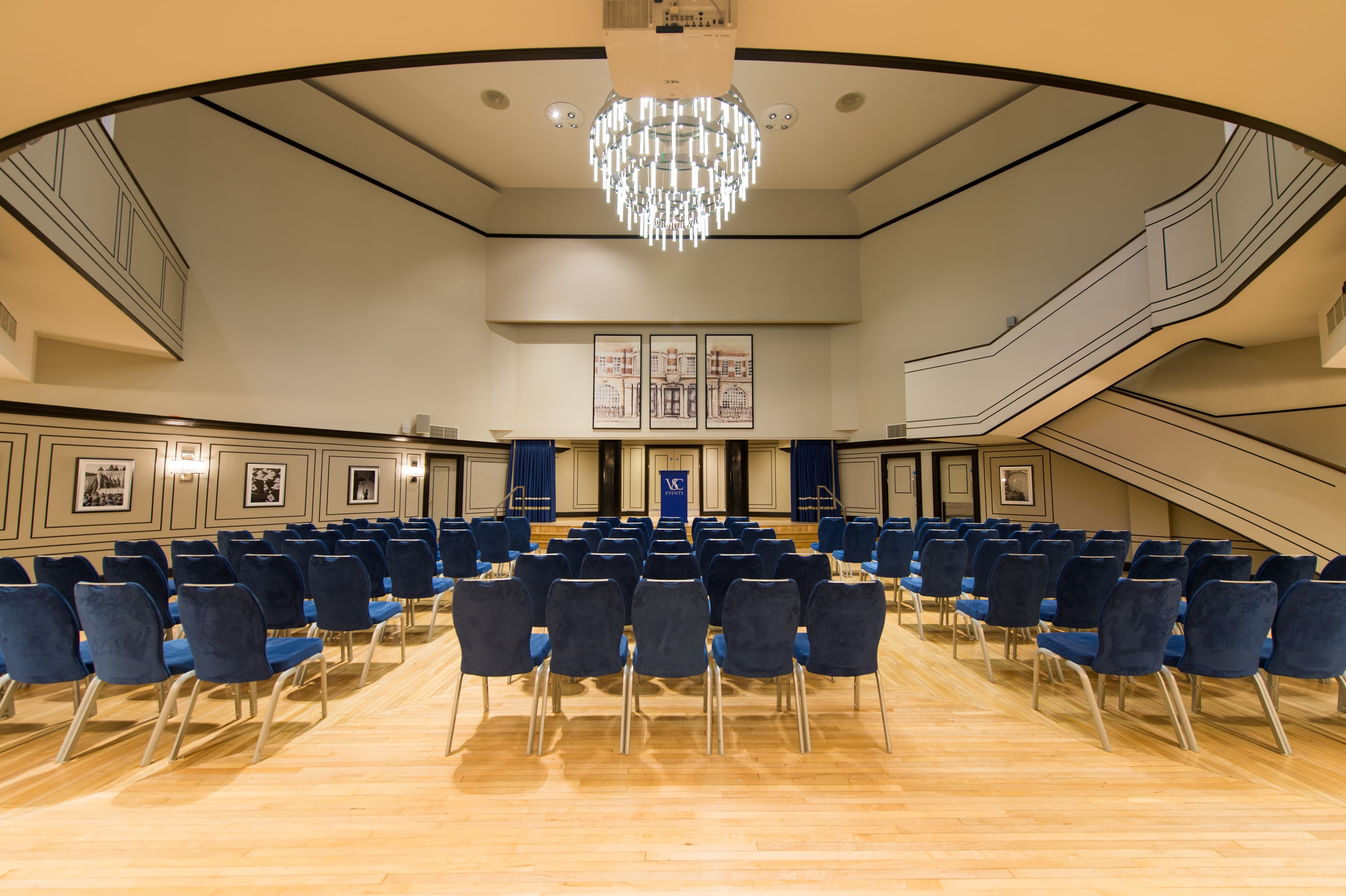 Carisbrooke Hall theater setup for professional presentation and ceremony venue rental.