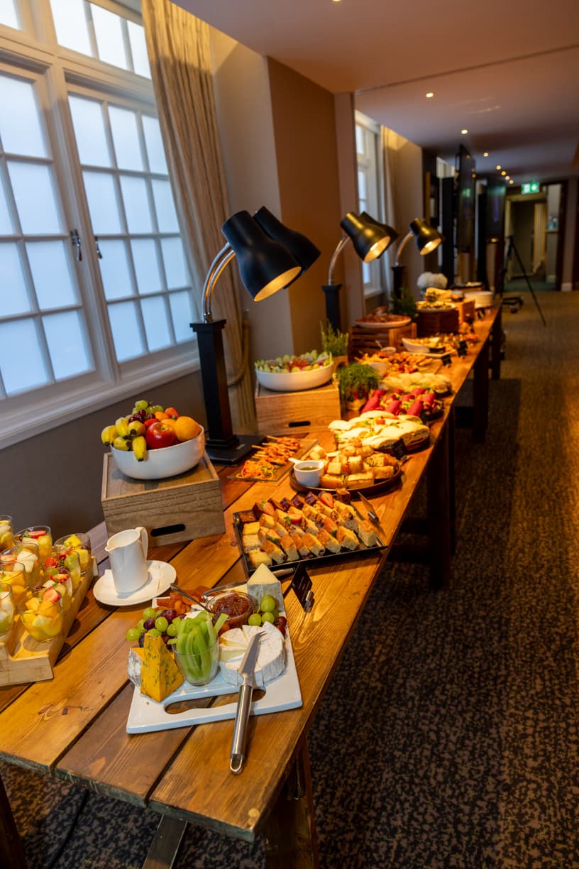 High-end buffet at Victory Services Club with tiered risers for corporate events and catering.