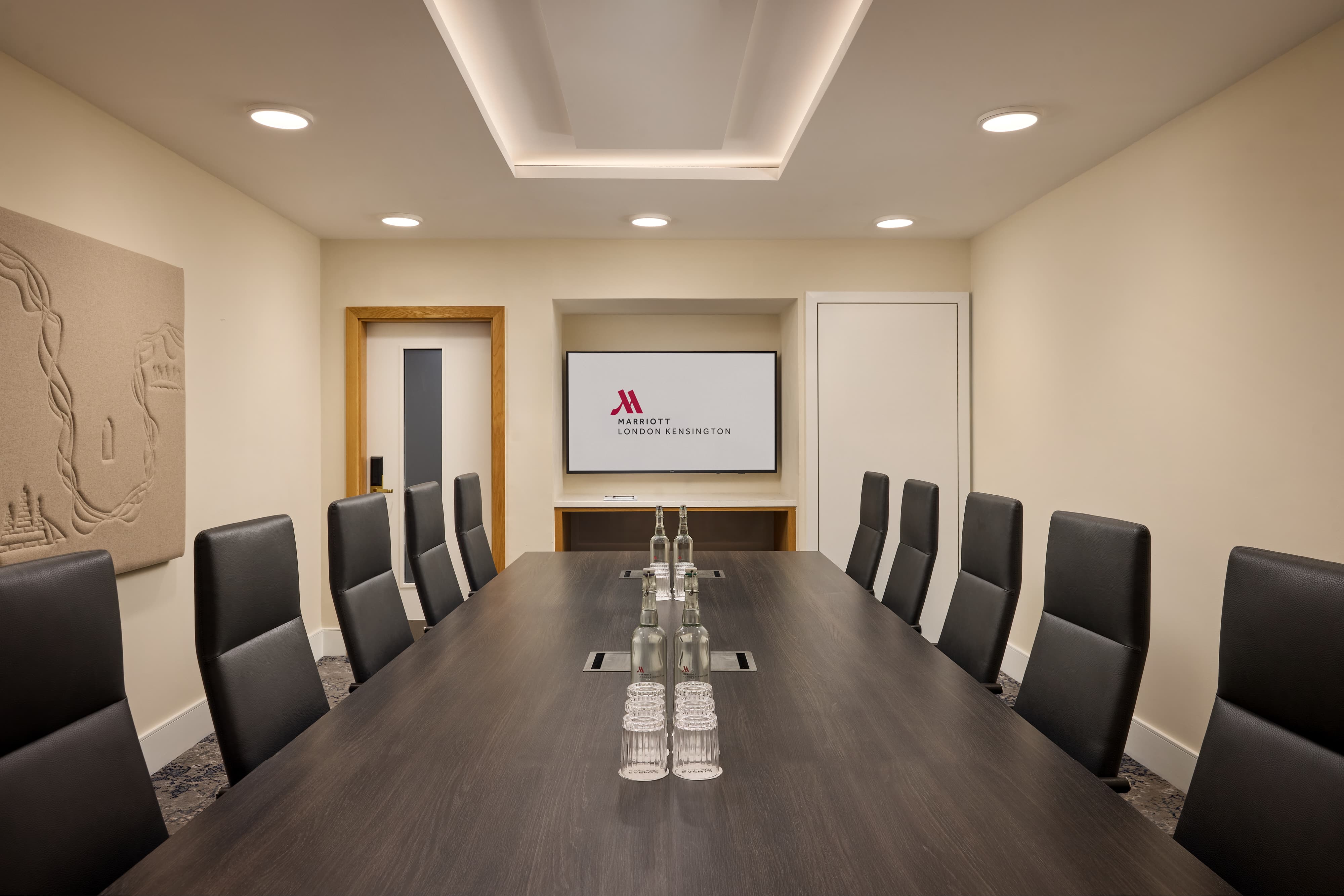Boardroom-style executive meeting space at London Marriott Kensington for corporate events.