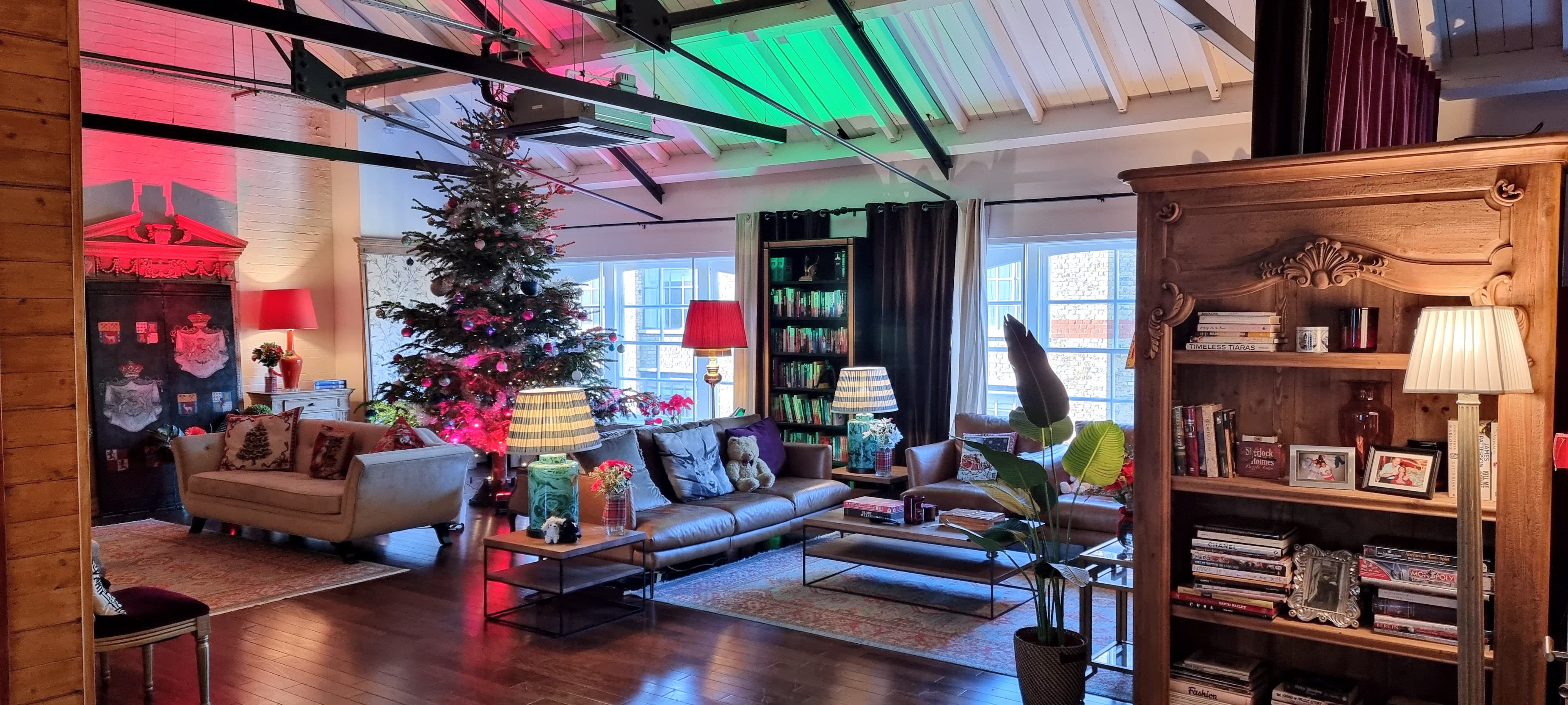 Christmas reception at Underwood loft with warm ambient lighting for intimate holiday events.