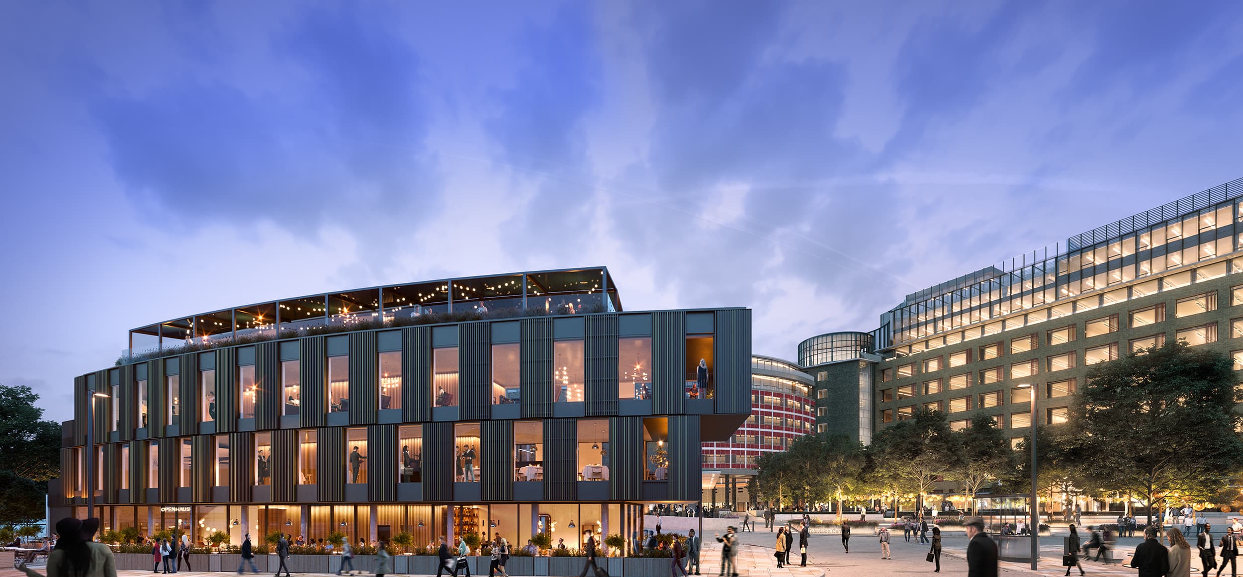 Broadcaster Rooftop: Premium multi-level terrace for corporate networking and cocktail events.