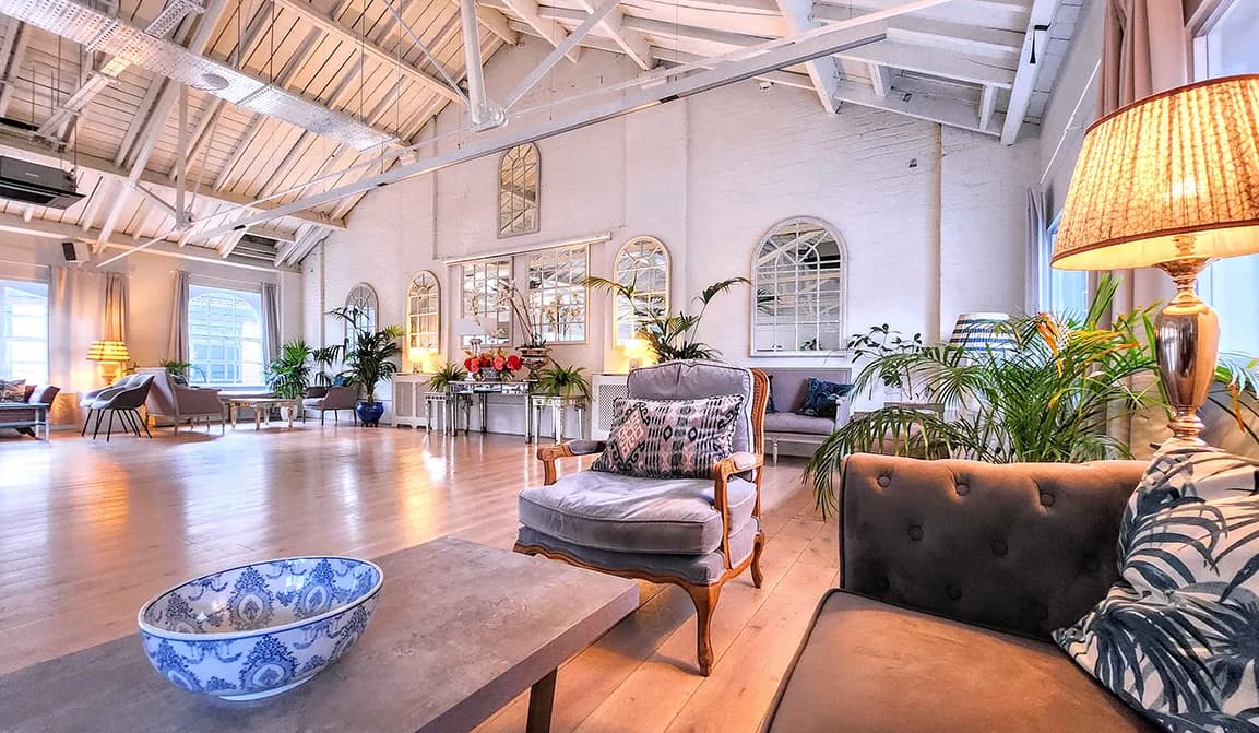 Lumiere Underwood venue: high-ceilinged lounge space for networking events and creative workshops.