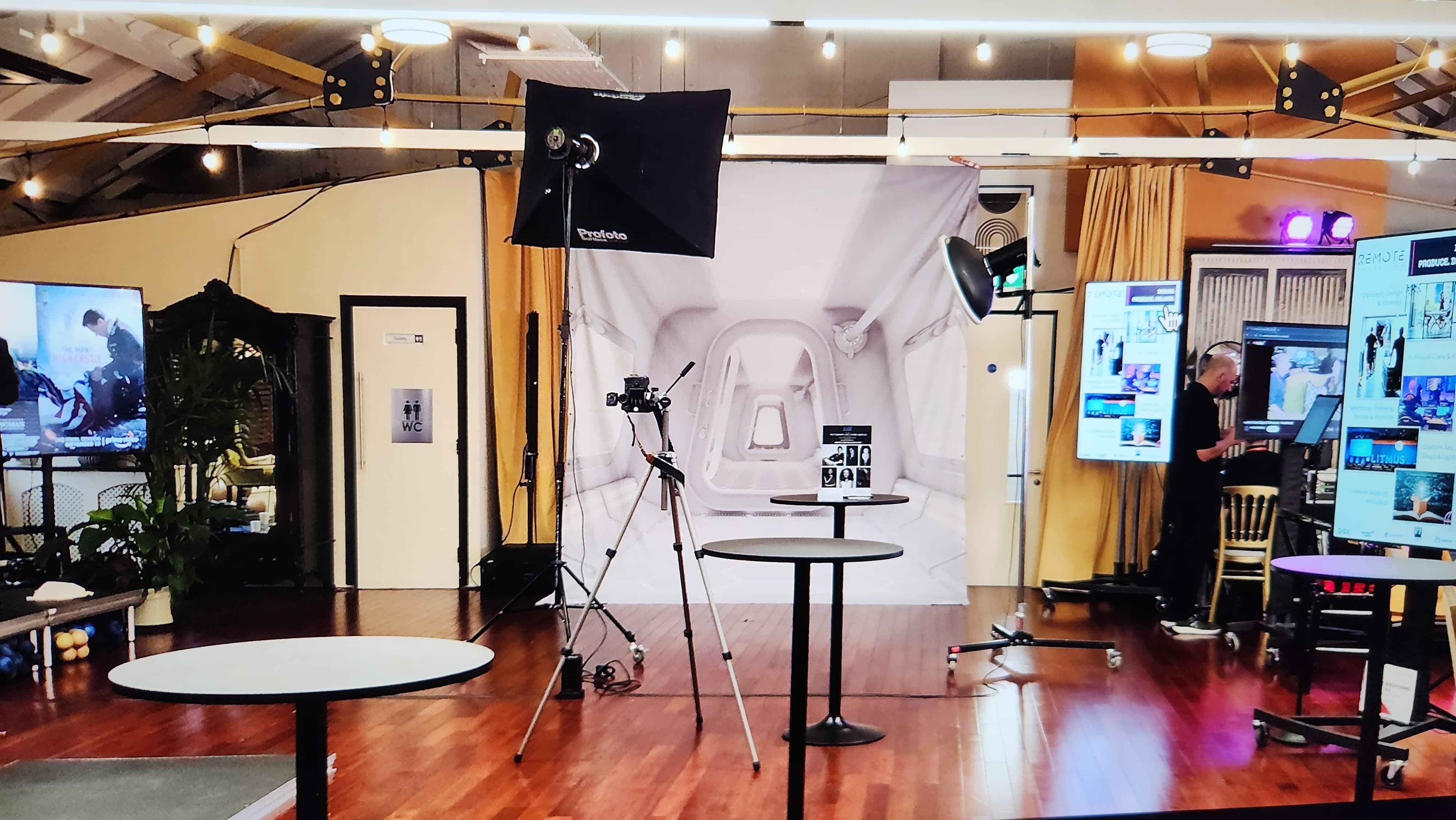 Lumiere Underwood studio event space with professional lighting and photo backdrop for productions.
