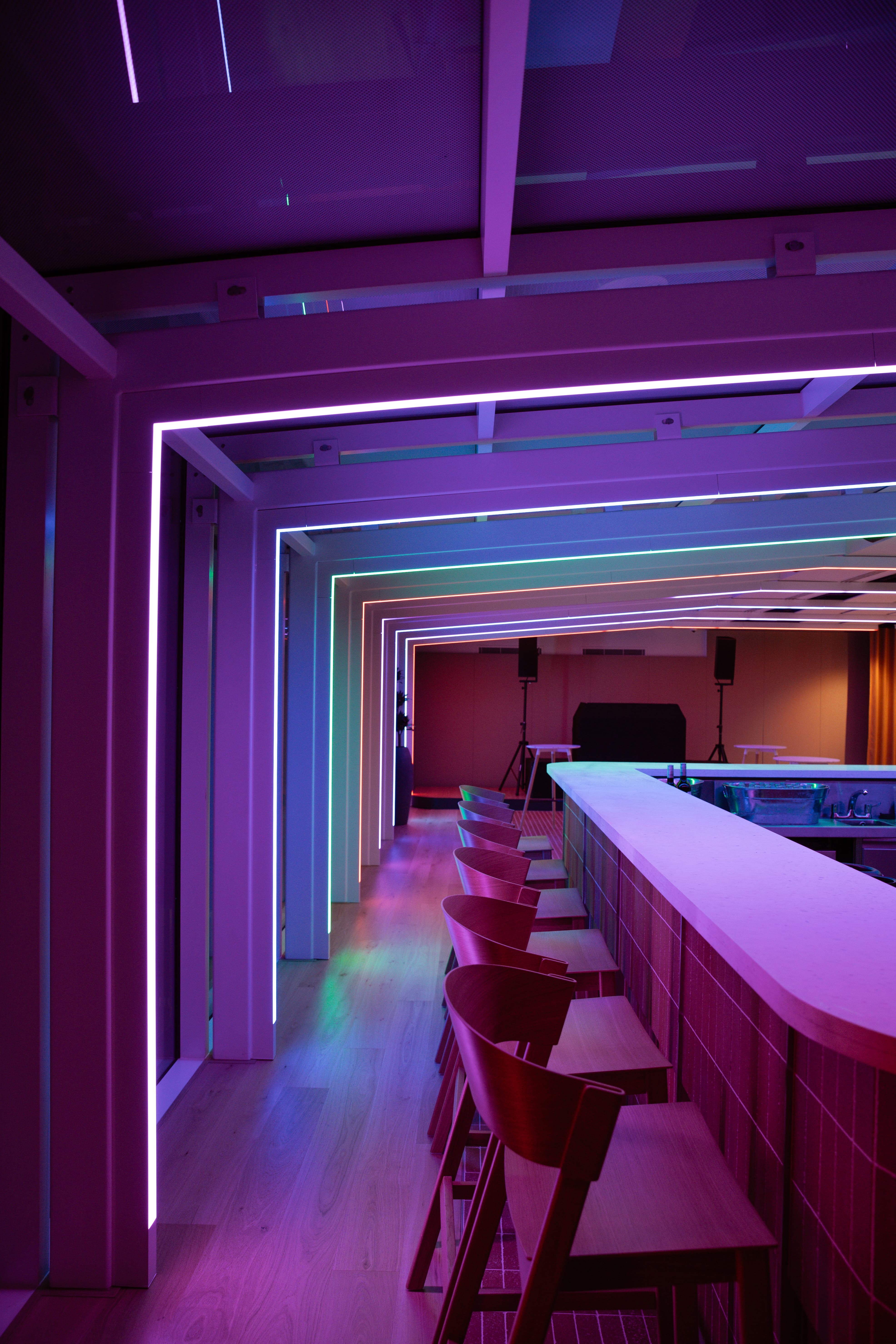 Skyline at The Line venue with architectural LED lighting for evening receptions and brand events.