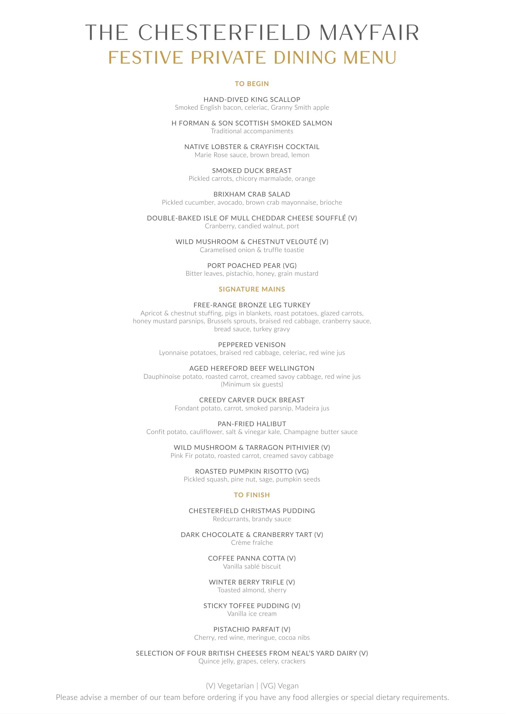 Festive gala menu at The Chesterfield Mayfair, featuring Christmas party dining options.