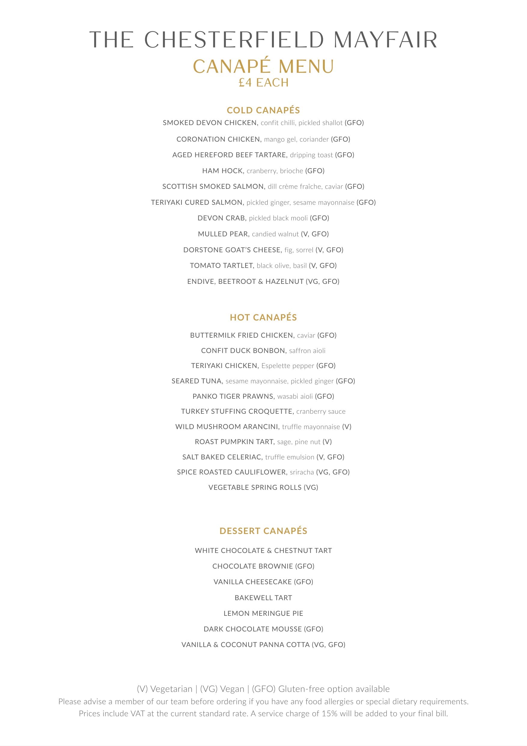 Catering menu with canapés at a Chesterfield Mayfair Christmas party event.