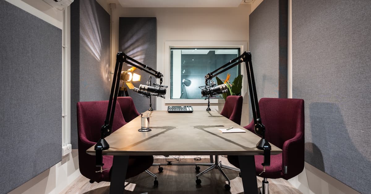 Sound-treated podcast studio at Qube Acton, ideal for executive interviews and hybrid content.