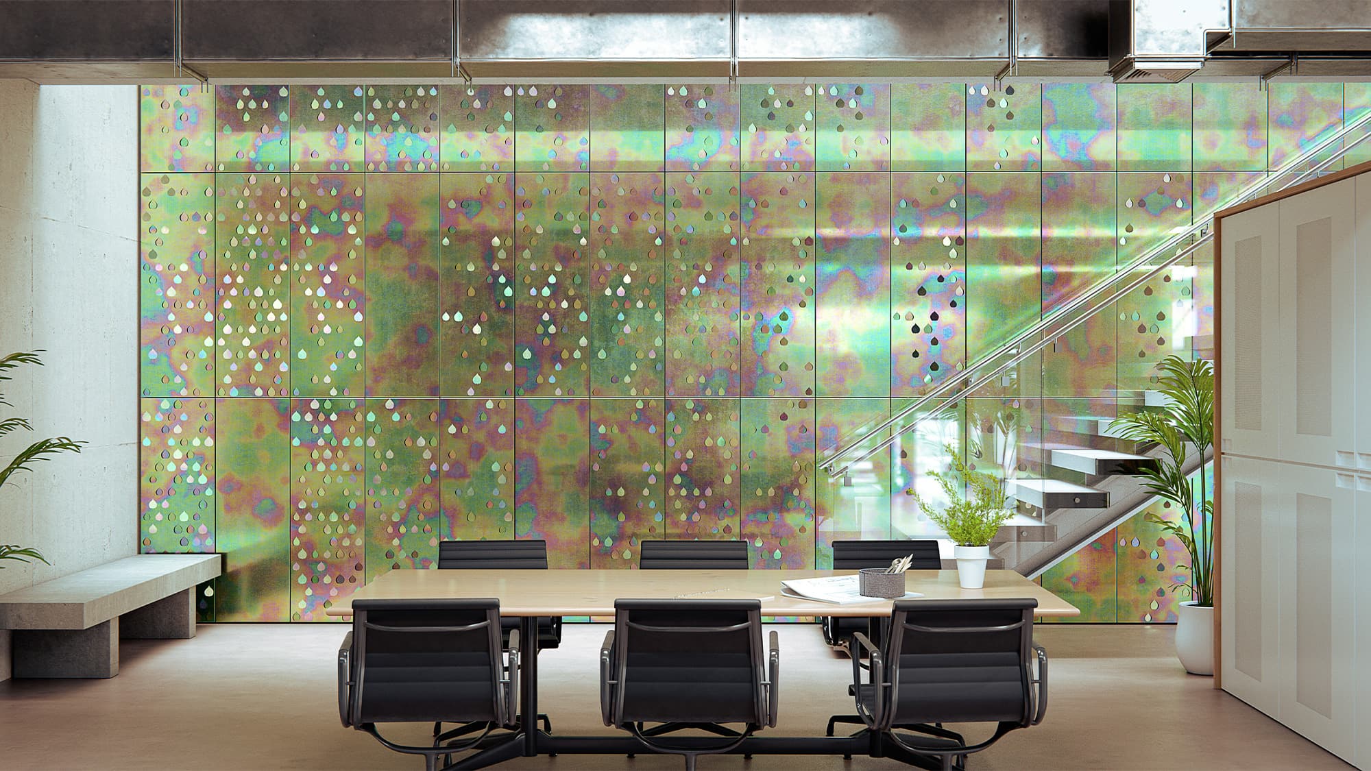 Qube Acton writing room with iridescent feature wall for creative breakout or boardroom meetings.