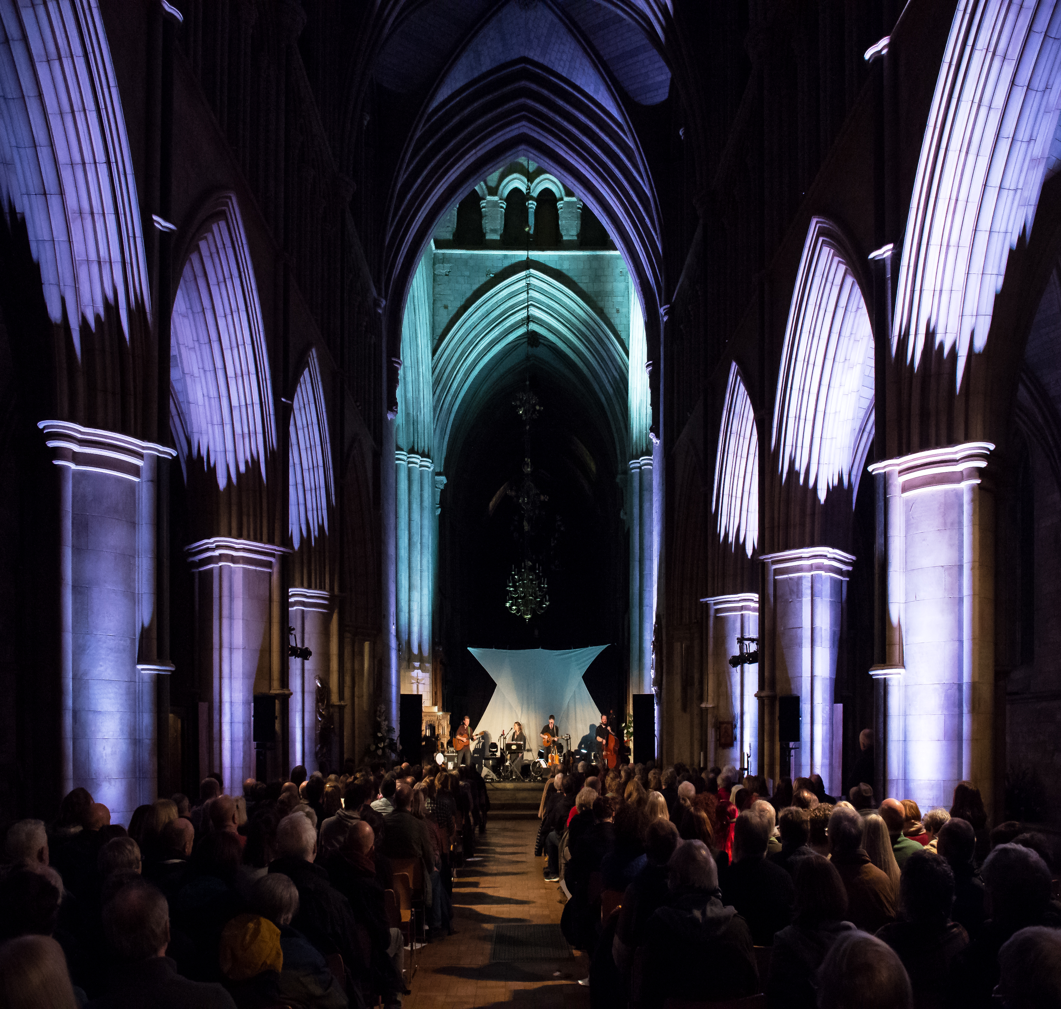 Southwark Cathedral Nave with dramatic lighting for events and performances.