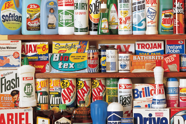 Vintage cleaning products display at Museum of Brands for creative event inspiration.