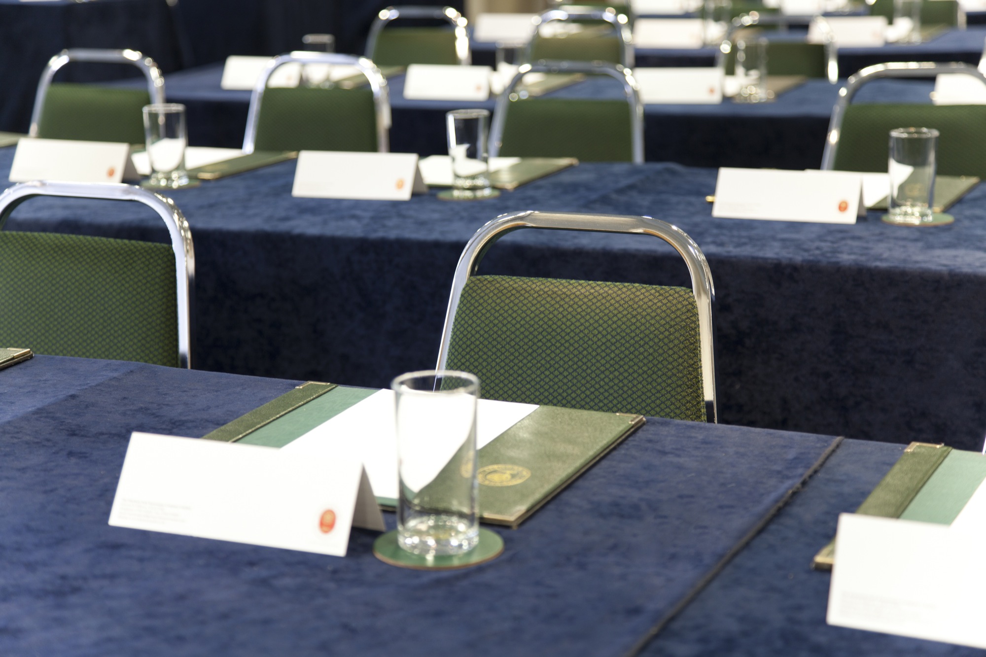 Lancaster Suite meeting setup with blue linens at Haydock Park Racecourse.