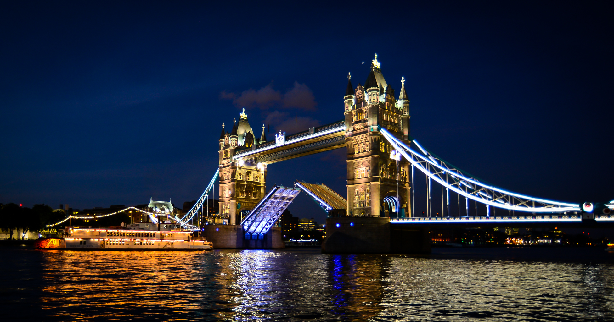 Tower Bridge at night, illuminated for gala dinners and outdoor receptions.