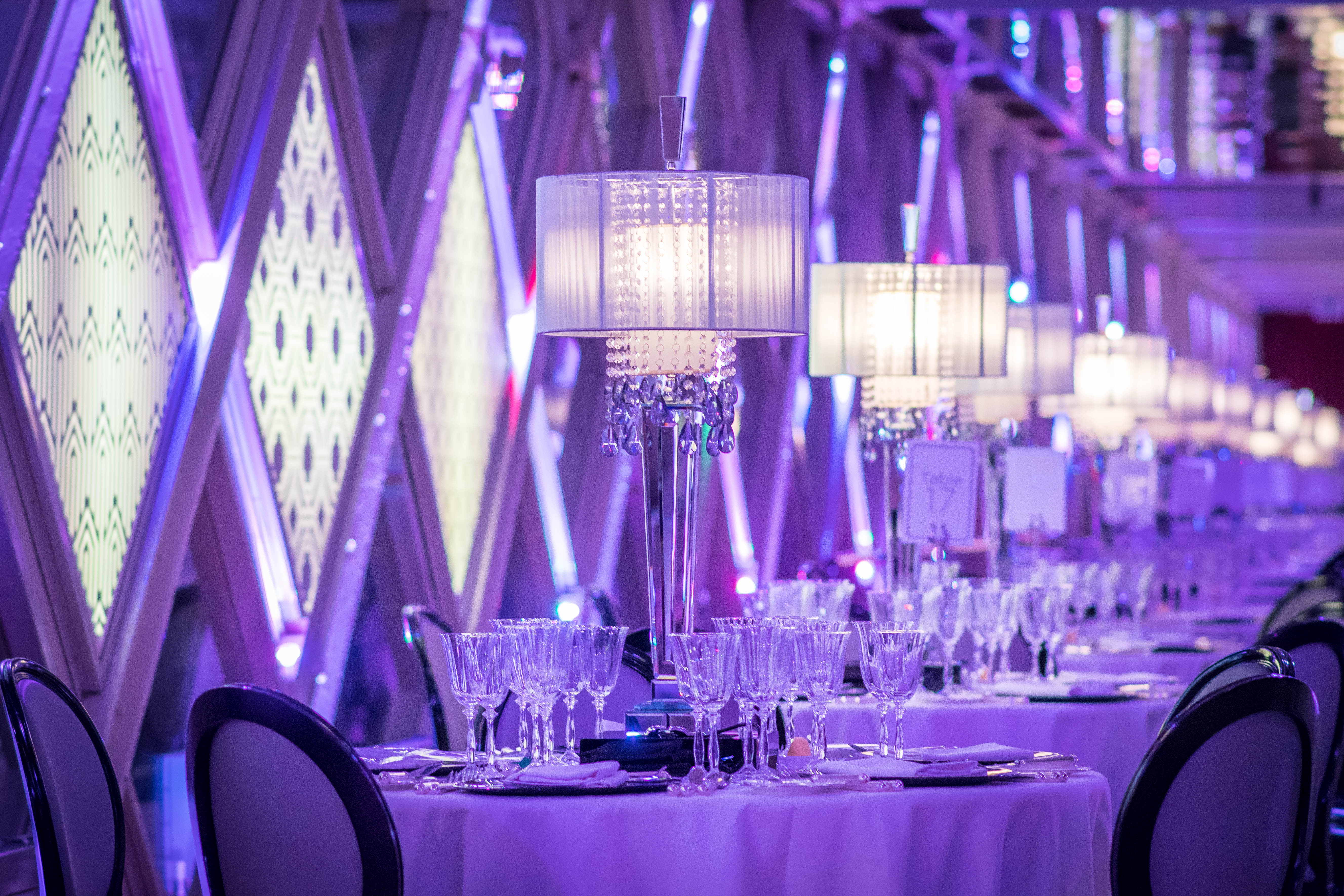 Elegant dining area in Tower Bridge with crystal glassware for upscale events.