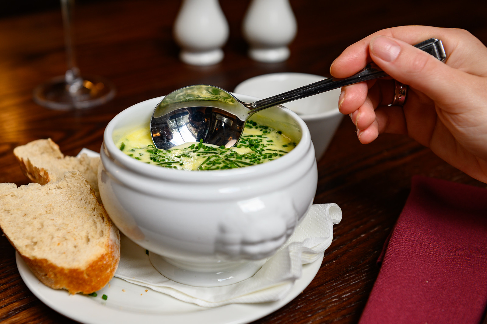 Elegant soup bowl and bread at Thomas Worthington Room, perfect for events and catering.