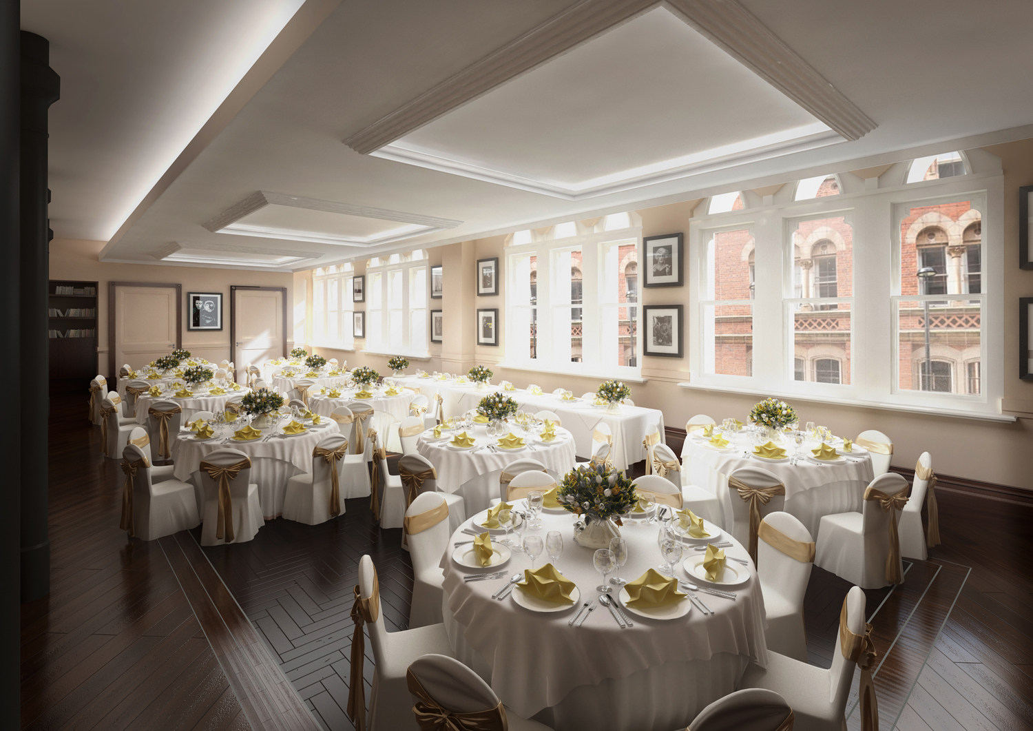 Elegant event space at Fountain House with round tables, ideal for weddings and corporate events.