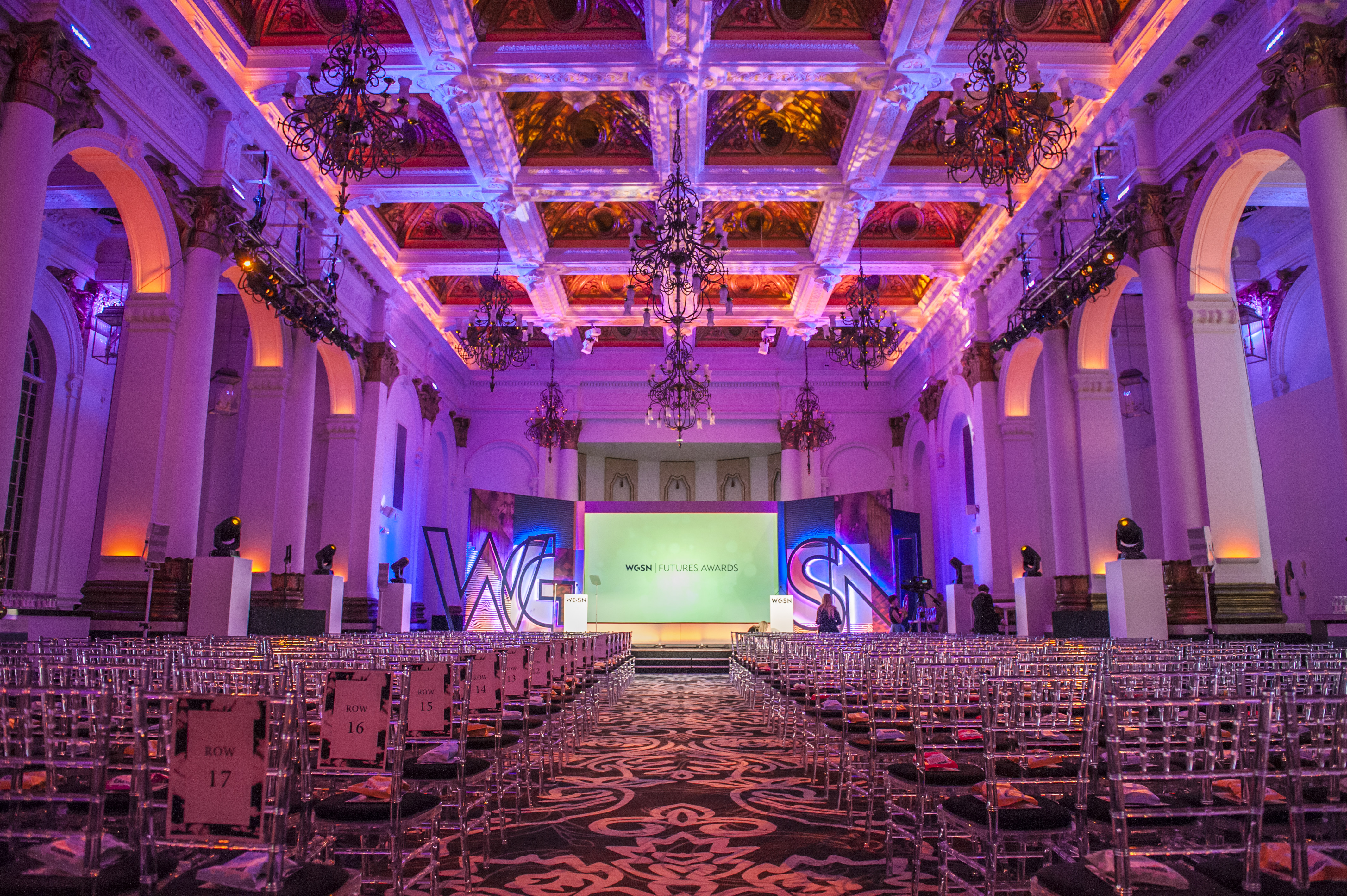 Elegant event space at 8 Northumberland Avenue with chandeliers, ideal for meetings and networking.