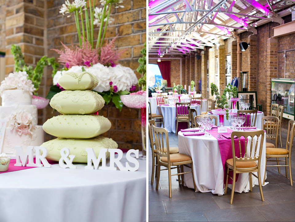 Elegant wedding reception in Tower Bridge's Engine Rooms with pink accents and floral decor.