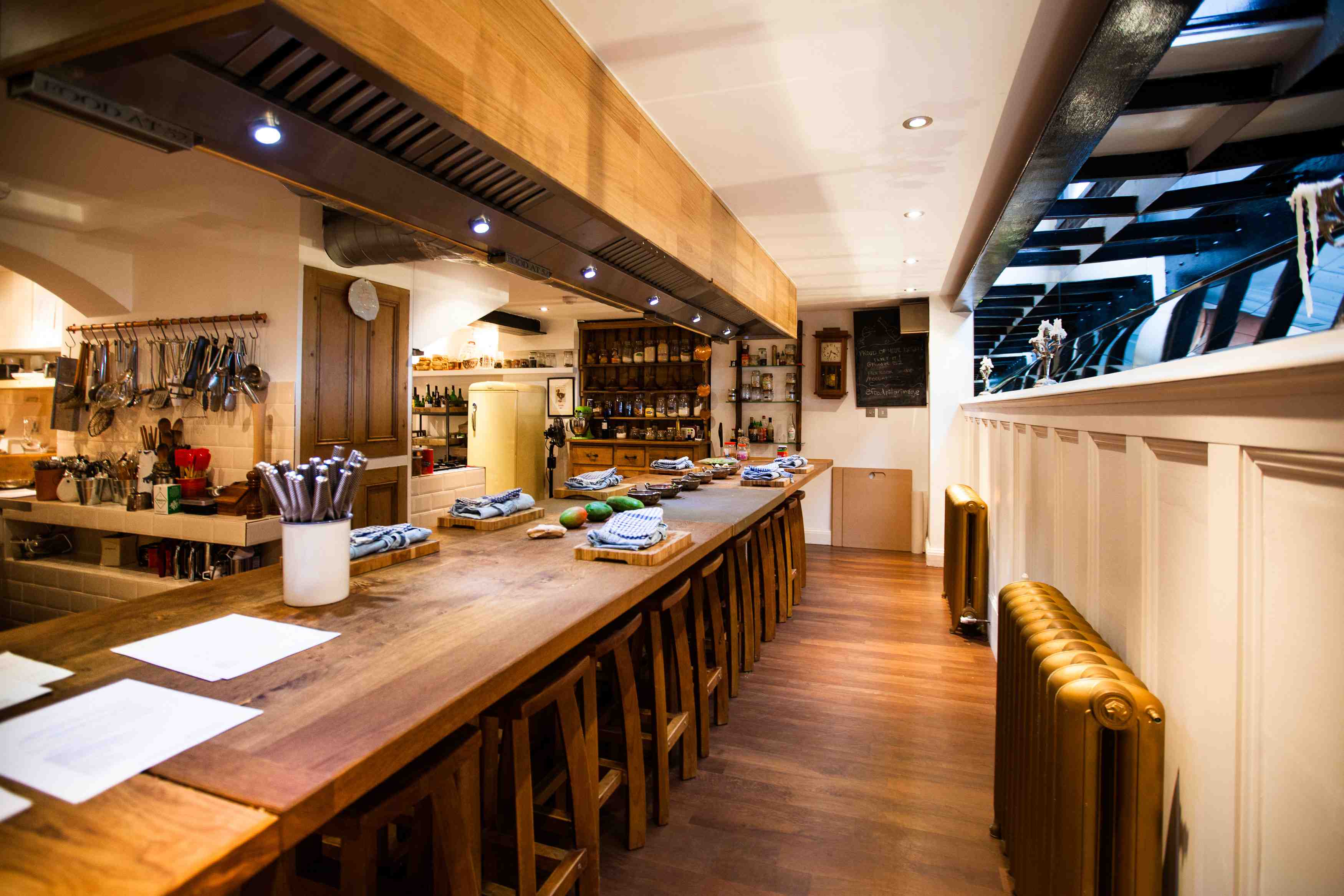 Stylish kitchen with spacious countertop for culinary events and cooking classes.