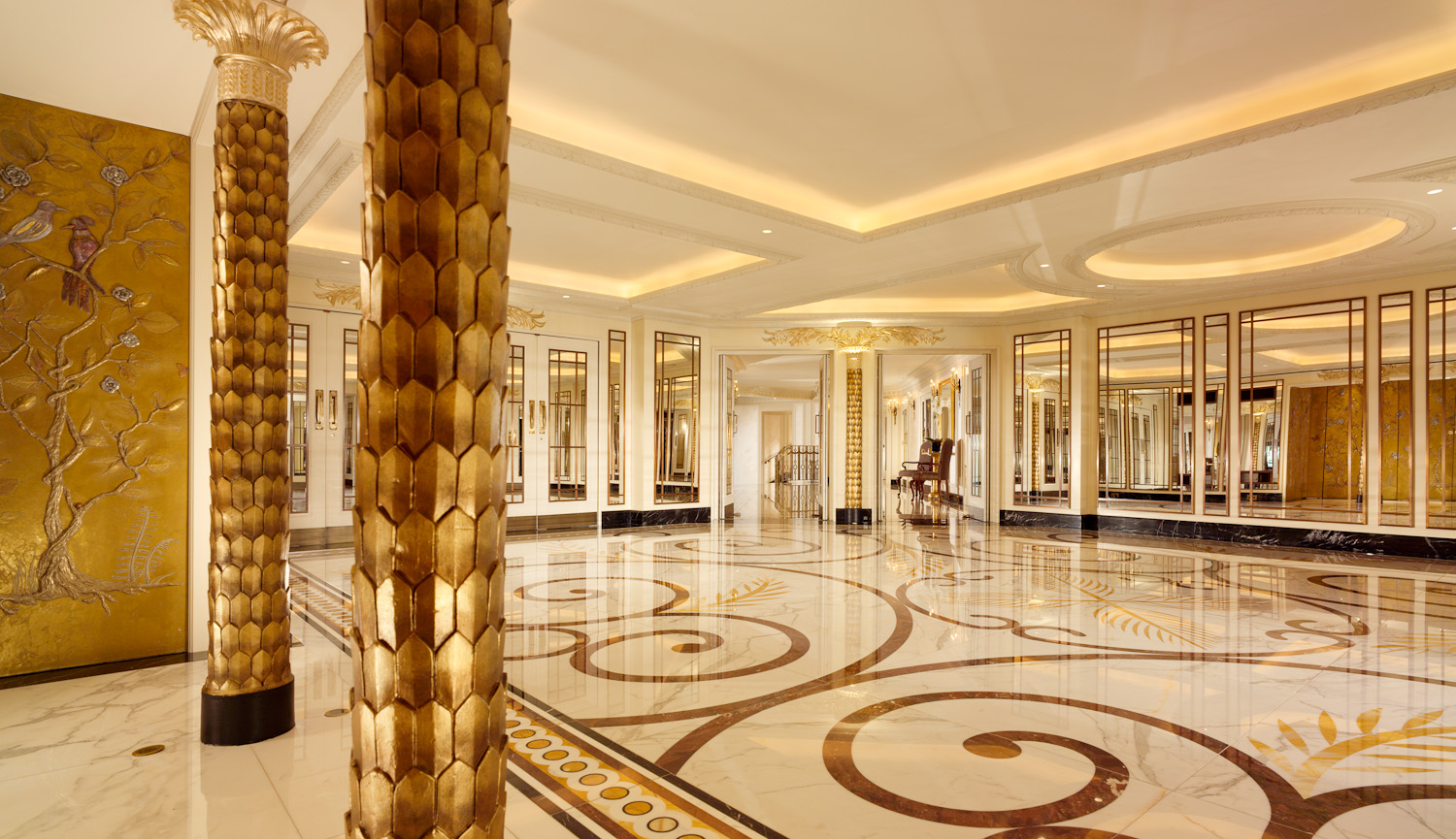 Elegant ballroom with marble flooring, perfect for corporate events and receptions.
