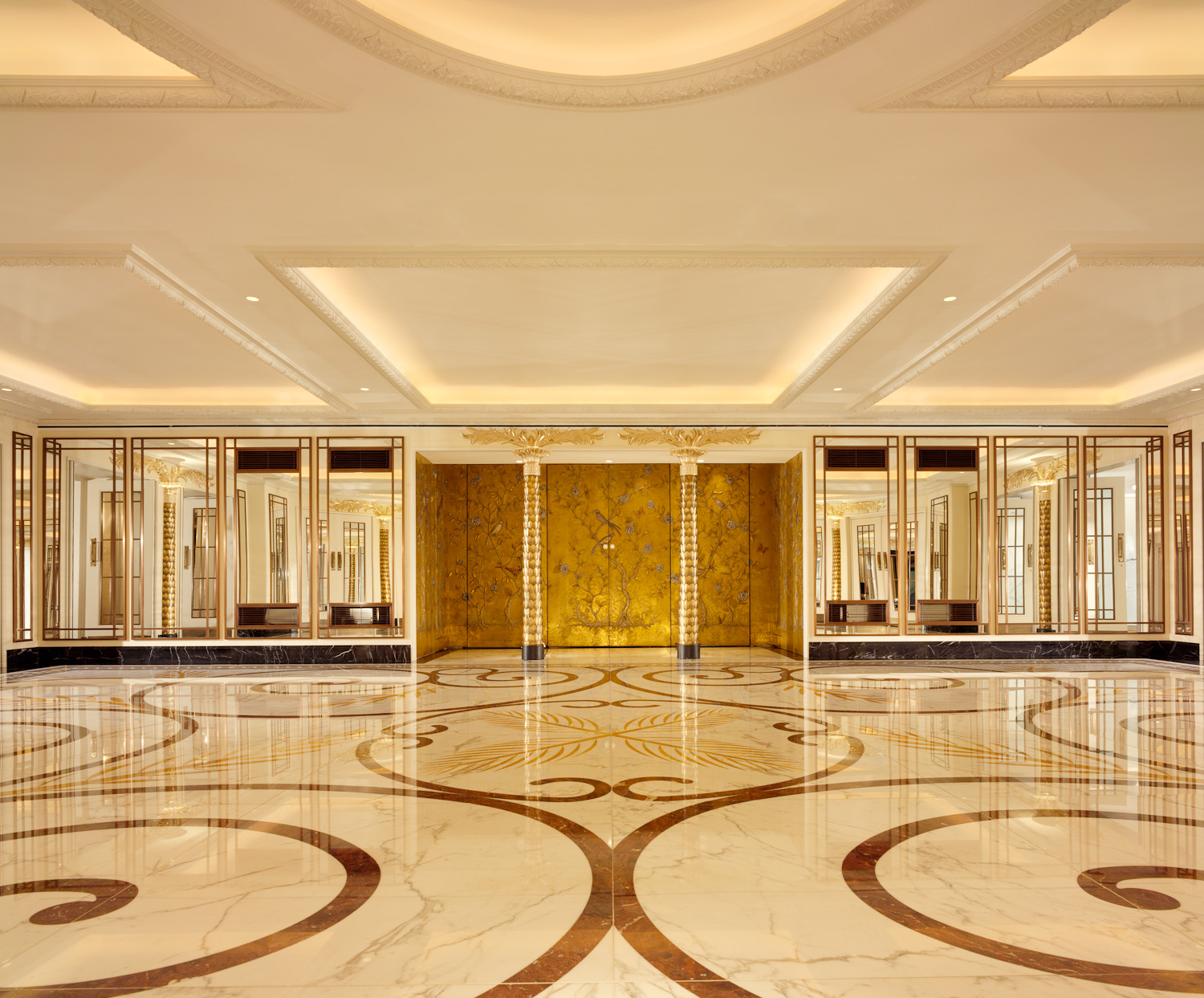Elegant ballroom with marble floor, ideal for upscale events and receptions.