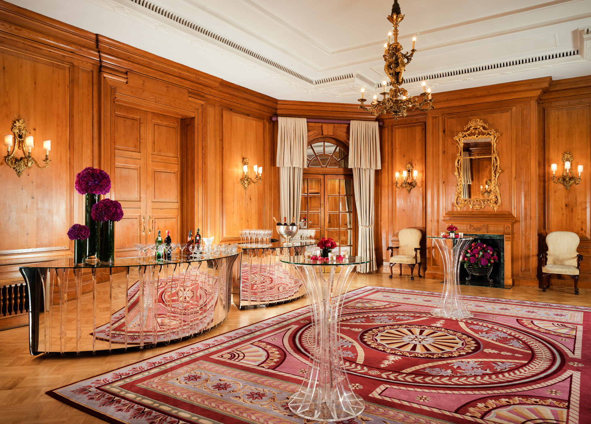 Elegant event space at The Dorchester with floral arrangements for upscale receptions.