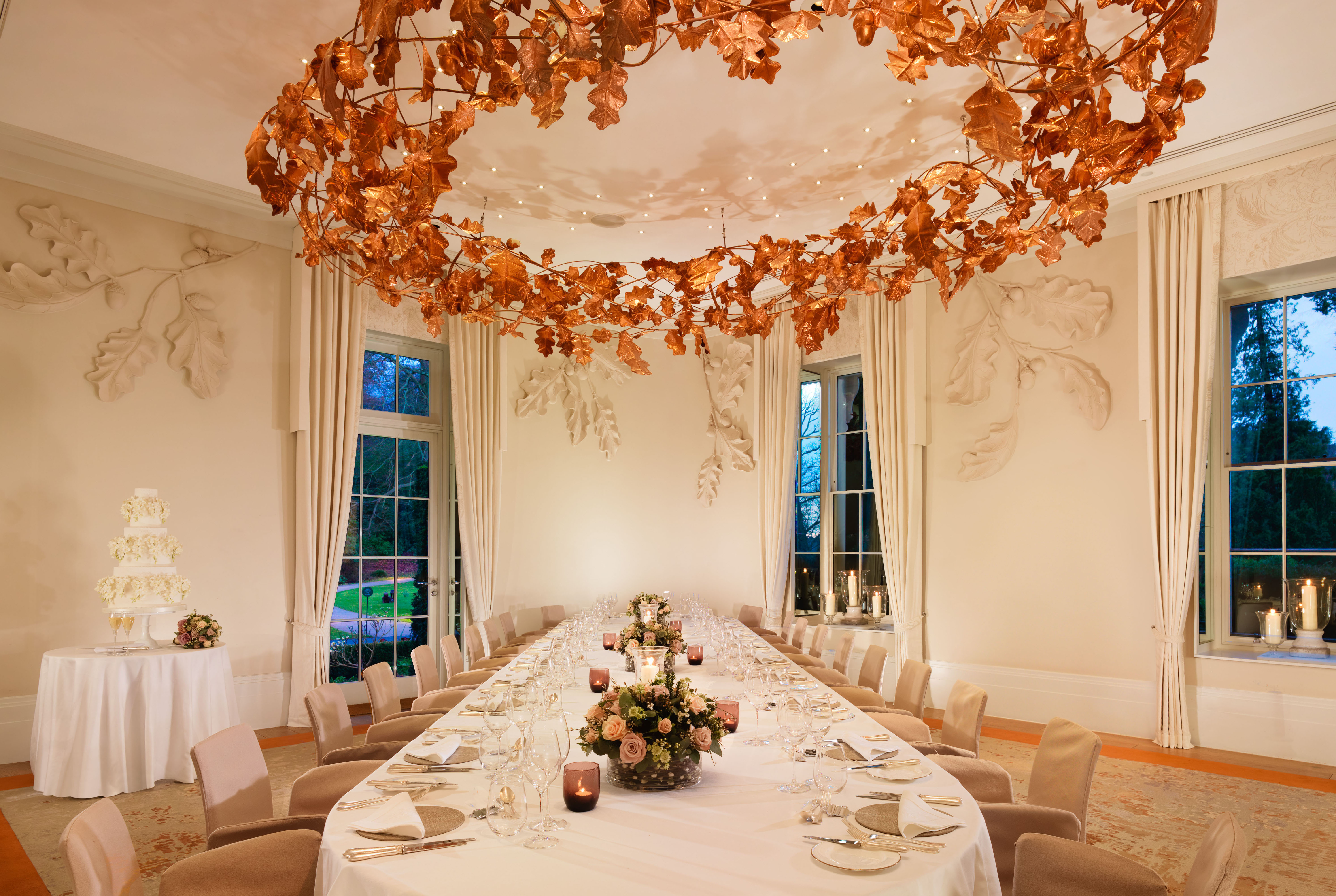 Elegant Oak Room dining setup at Coworth Park, perfect for weddings and corporate events.