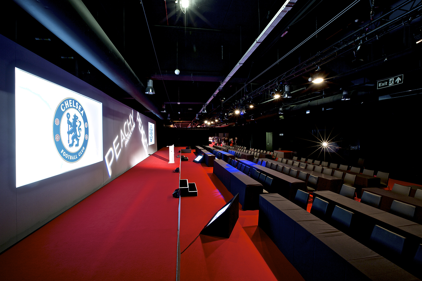 Great Hall at Chelsea FC, tiered seating for corporate events and presentations.