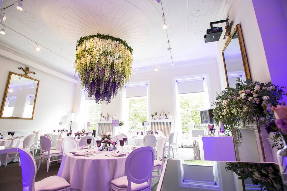 Council Chamber at 41 Portland Place with floral chandelier, perfect for weddings and events.