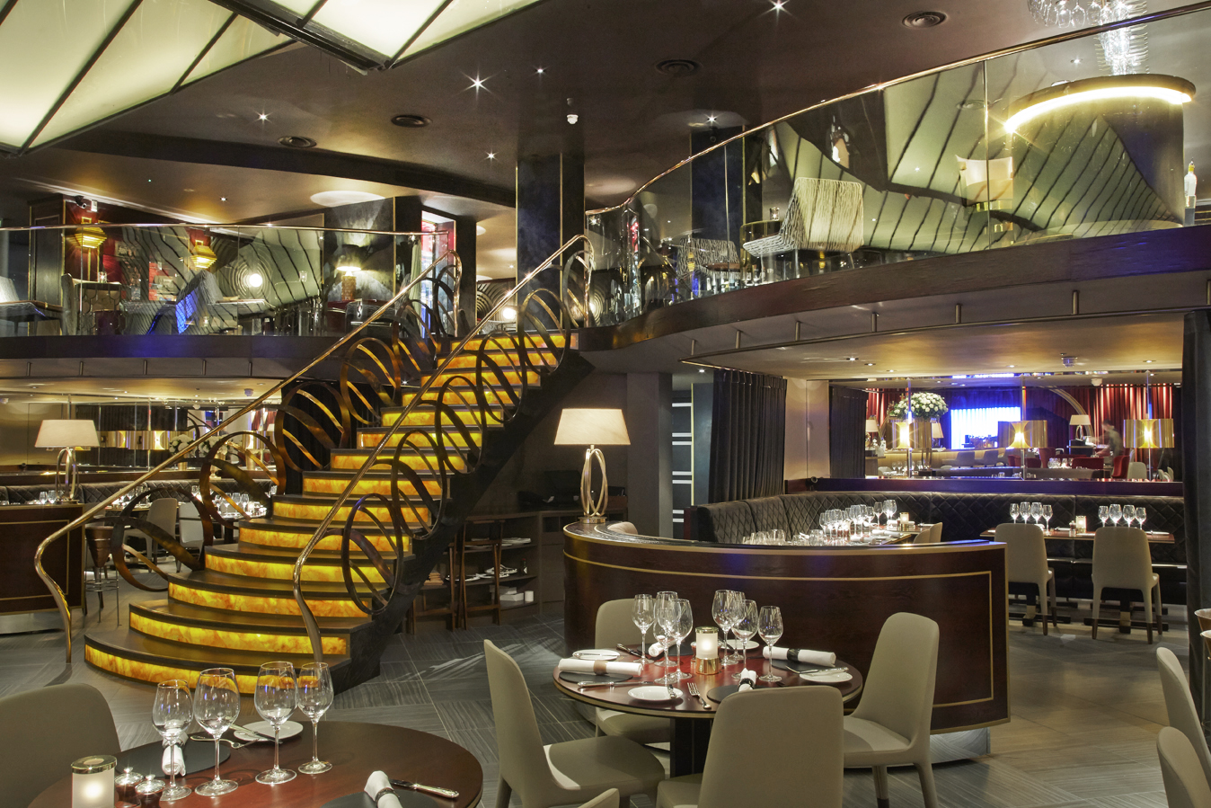 Sophisticated Quaglino's venue with elegant staircase for upscale events and corporate dinners.