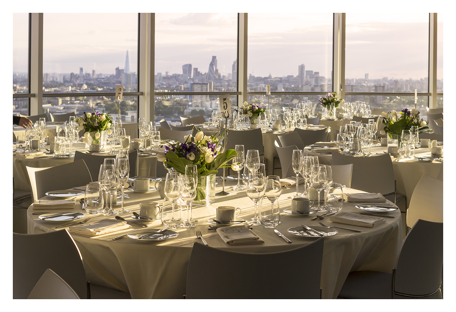 Elegant dining space at ArcelorMittal Orbit with skyline view for upscale events.