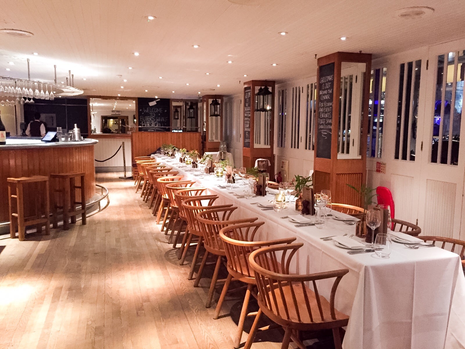 Elegant dining space at Butlers Wharf Chop House for corporate dinners and private events.