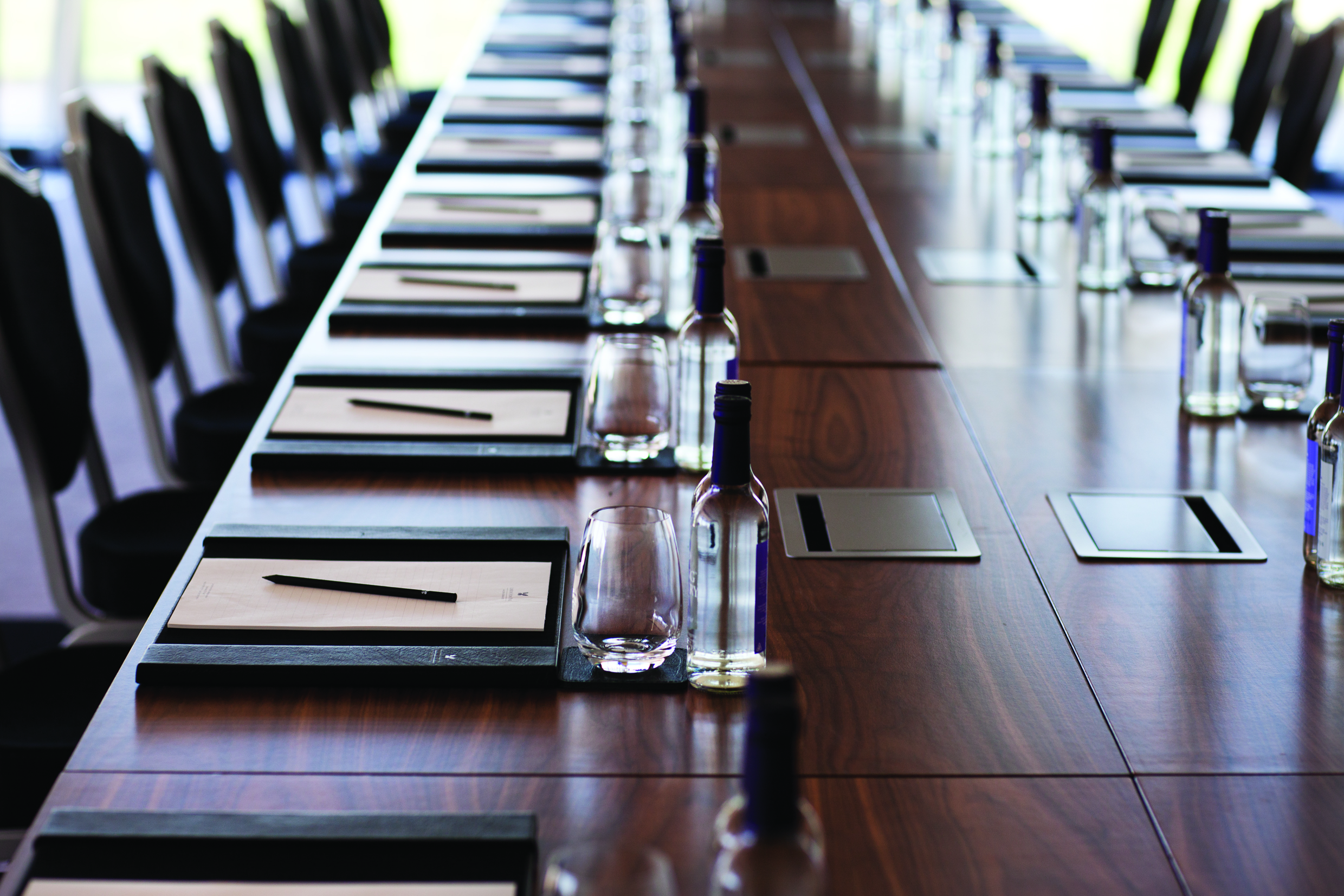 Conference table setup at Astor, Hilton London Syon Park for professional meeting.