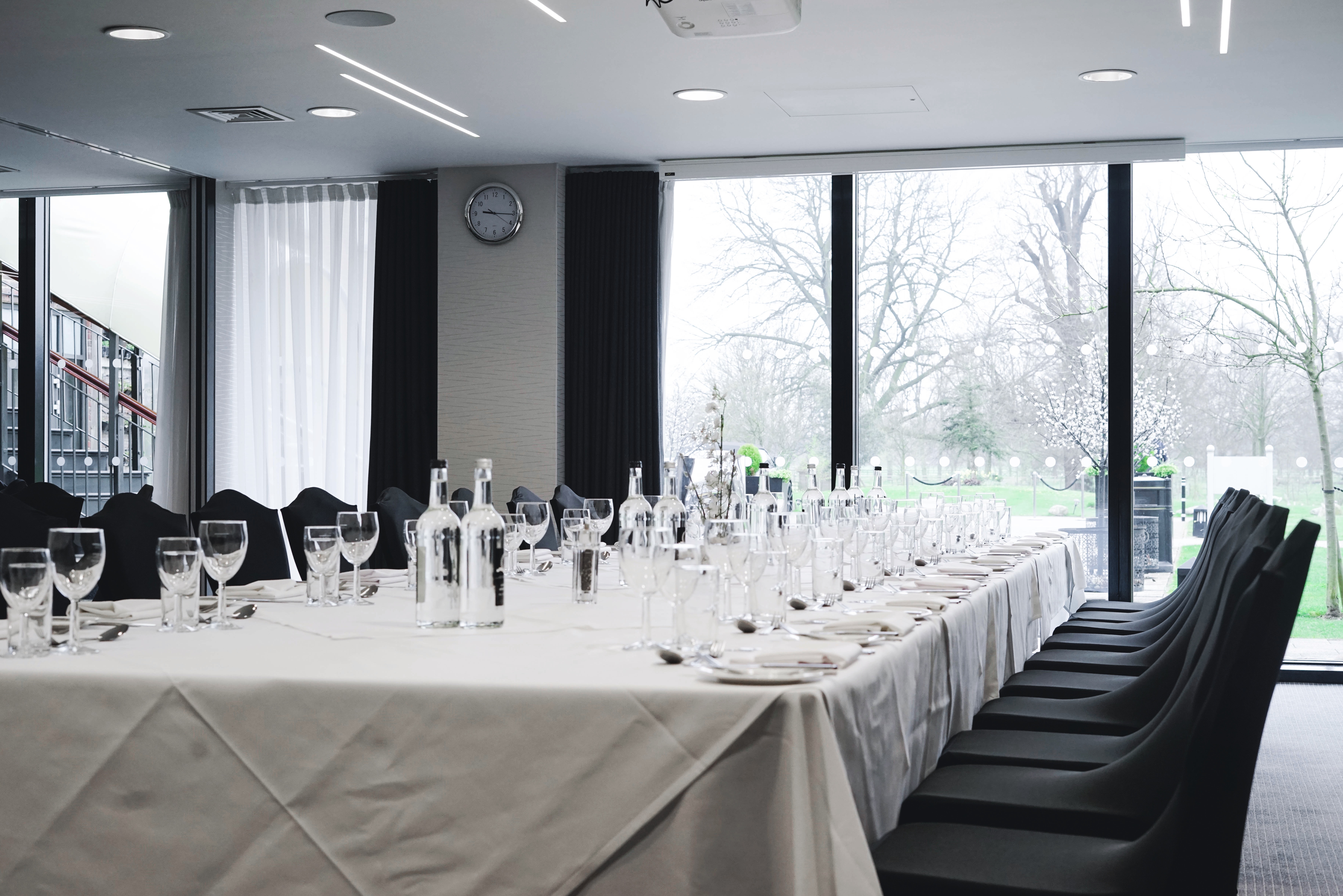 Elegant dining setup at Dukes, Hilton London Syon Park for corporate events and dinners.