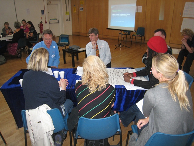 Dance Studio workshop with participants collaborating around a table and projector screen.