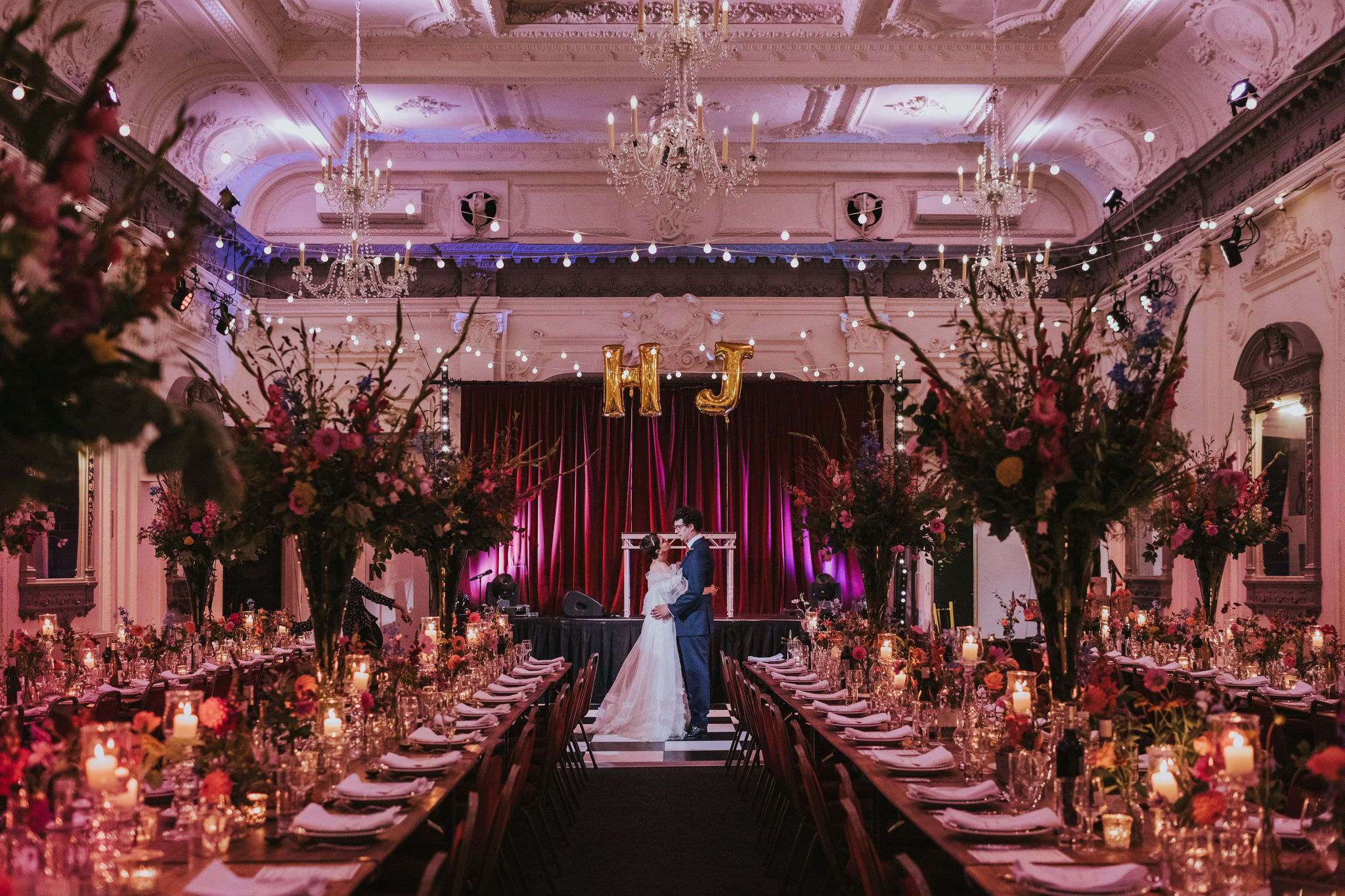 Elegant wedding reception at Bush Hall with floral centerpieces and romantic ambiance.