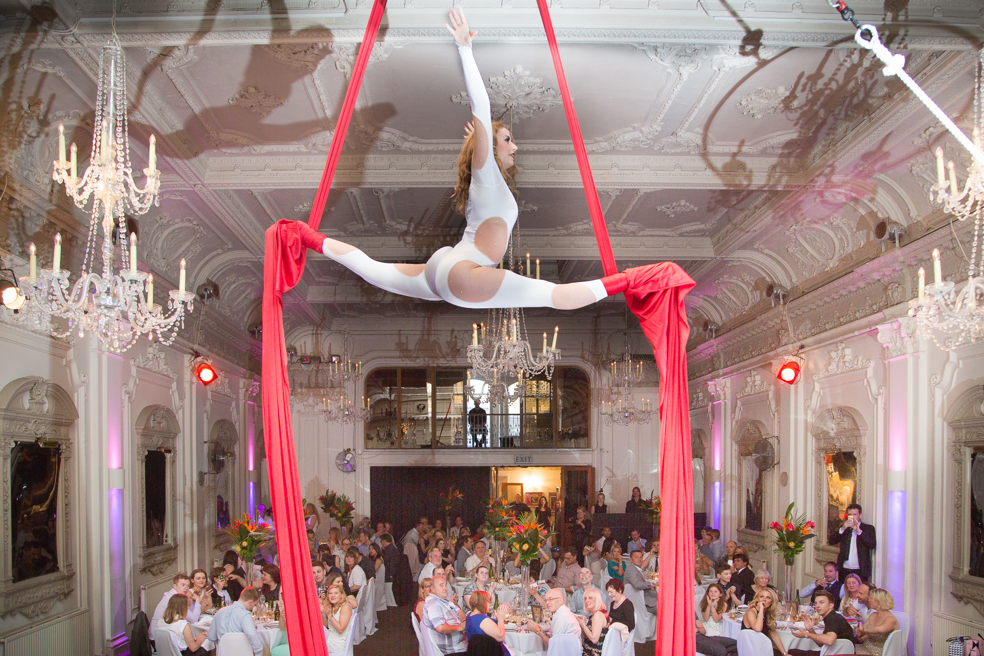 Aerial performer captivating audience in elegant Bush Hall venue for corporate events.